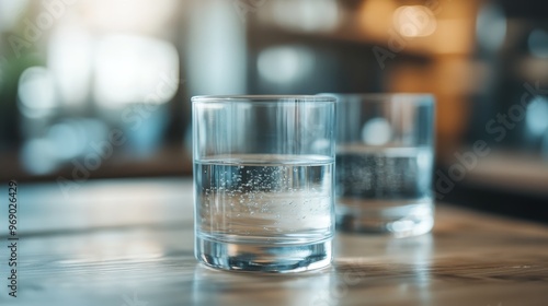 Two clear glasses filled with sparkling water sit on a wooden table. The natural light highlights the bubbles, creating a sense of refreshment and simplicity.