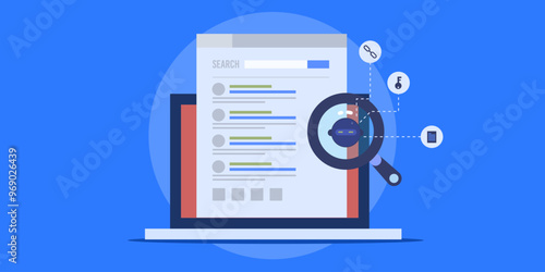 AI driven search engine algorithm display results related to user query on web browser, SEO ranking analytics vector illustration concept.