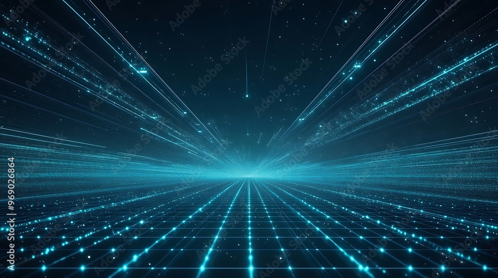 Vibrant blue digital landscape with lines and dots representing data flow, perfect for technology and futuristic concepts. Vibrant blue digital landscape with lines and dots representing data flow, perfect for technology and futuristic concepts.