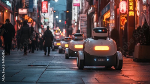 Autonomous AI-guided patrol robots monitoring city streets for safety: Robots moving through public areas, detecting hazards and offering assistance in real-time.