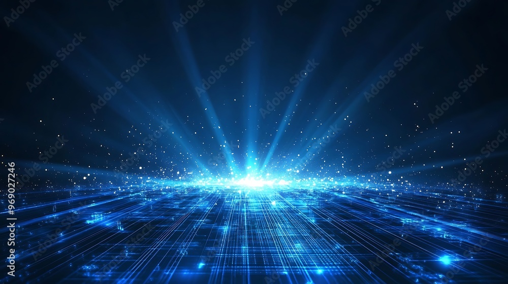 Vibrant blue rays of light emanate from the center, creating a digital cosmic atmosphere with dynamic particles and waves. Vibrant blue rays of light emanate from the center, creating a digital cosmic atmosphere with dynamic particles and waves.