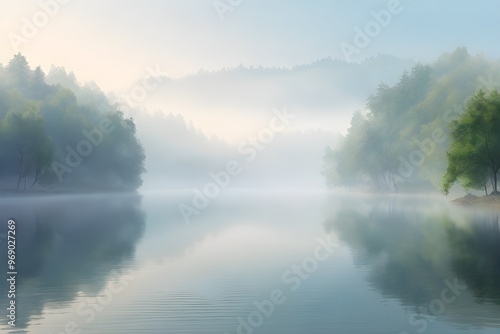 A serene lake encircled by trees, shrouded in fog on a tranquil morning. Generative AI