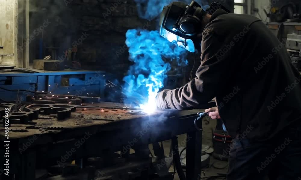 Spawacz pracuje w warsztacie, gdzie ciemność jest przerywana przez intensywne światło spawania. Jego ręce i metalowe elementy są oświetlone przez łuk spawalniczy.
Spawacz pracuje w warsztacie, gdzie ciemność jest przerywana przez intensywne światło spawania. Jego ręce i metalowe elementy są oświetlone przez łuk spawalniczy.