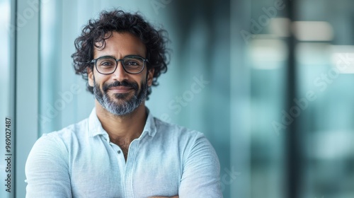 A man with glasses stands confidently and smiling in a modern office setting. The image captures a professional atmosphere, highlighting ambition, focus, and corporate life.