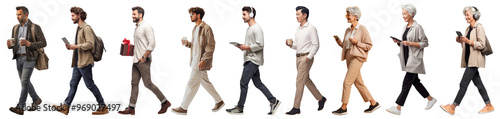 Diverse people walking with devices png cut out element set photo