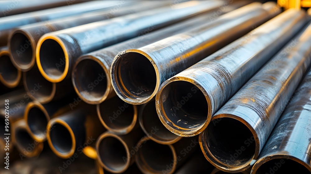 A long pipe with a black cap and a yellow pipe behind it. The pipe is made of metal and has a lot of bolts on it A long pipe with a black cap and a yellow pipe behind it. The pipe is made of metal and has a lot of bolts on it