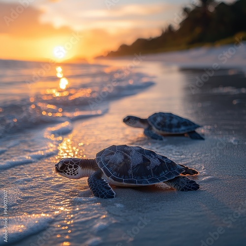 Two baby sea turtles making their way to the ocean during sunset by the beach, highlighting the beauty and tranquility of nature.