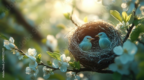 Two birds sit in a nest on a blossoming branch illuminated by soft sunlight, depicting springtime and nature's beauty.