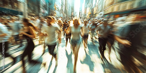 The Fleeing Frenzy: Panicked group of people hurriedly running through a bustling cityscape.