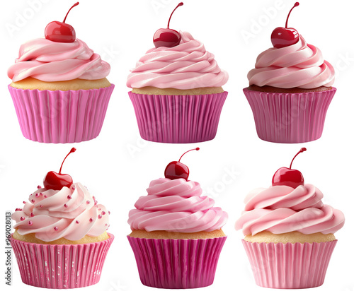 Cupcake set isolated on transparent background. Various designs of cupcakes for desserts and party decorations. photo