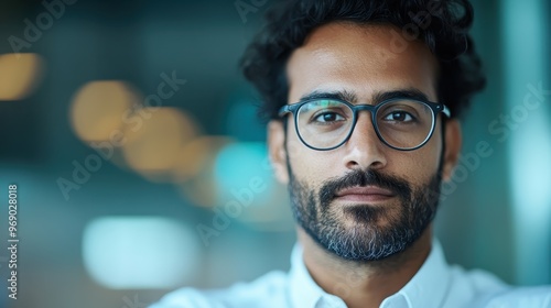 This image captures a serious-looking man with glasses, wearing a white shirt, exuding a sense of determination and focus, set against a softly lit indoor environment.