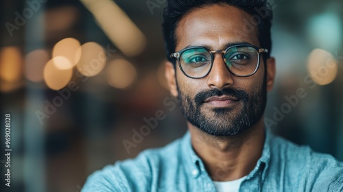 Portrait of a man with glasses, looking confident and serious, set against a blurred background with bokeh lights, highlighting his determination and focus.