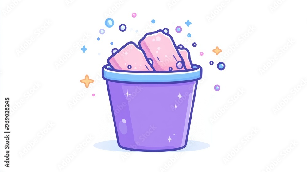 A vibrant purple bucket filled with bubbles and water, bringing joy and fun during summer afternoons in a backyard A vibrant purple bucket filled with bubbles and water, bringing joy and fun during summer afternoons in a backyard