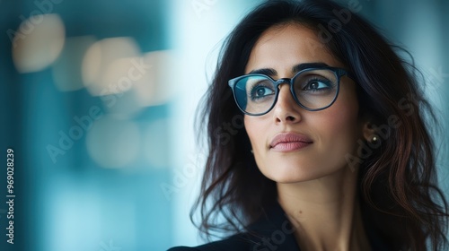 A portrait of a stylish woman wearing glasses, standing in a bright and modern office setting, showcasing confidence and elegance against a soft-focus background.