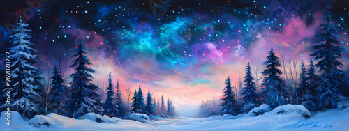 Magical Winter Night with Colorful Sky