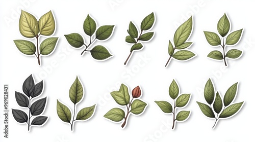 Collection of hand-drawn leaves in various shapes and shades, perfect for nature-themed designs and illustrations. photo