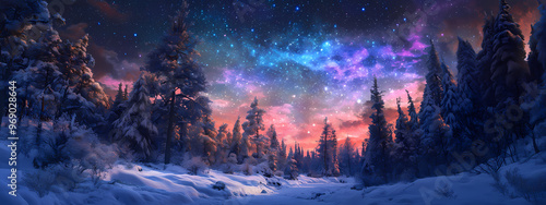 Magical Winter Night with Colorful Sky