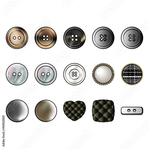 Vector Sewing button flat sketches for fashion clothing. Shank buttons, flat buttons and metal buttons, tweed buttons, pearl buttons.