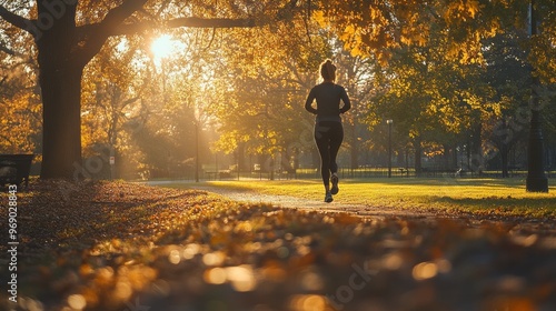 A woman jogs through an autumn park in soft morning light, enjoying the serenity and beauty of nature while staying active and healthy