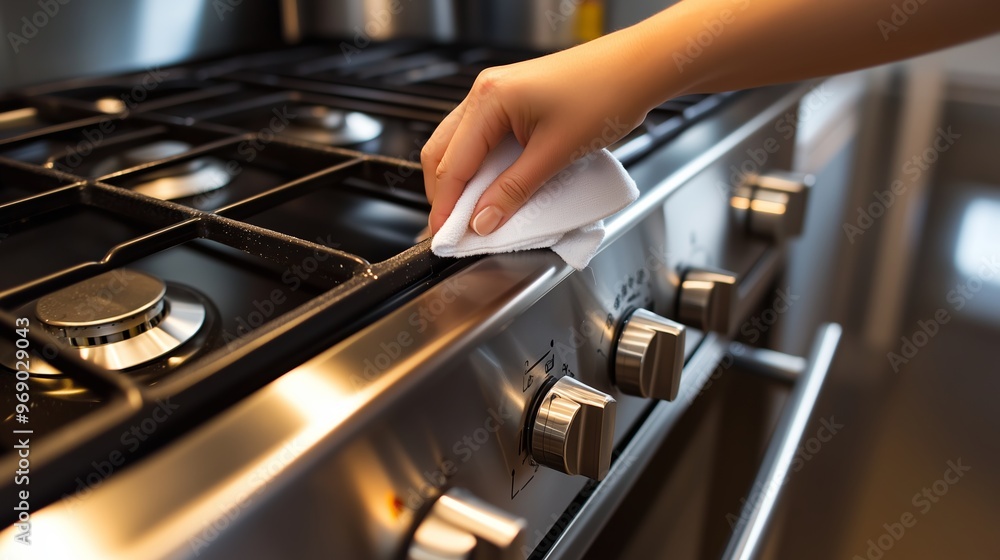 Cleaning a stainless steel gas stove with a cloth in a modern kitchen during daylight hours Cleaning a stainless steel gas stove with a cloth in a modern kitchen during daylight hours