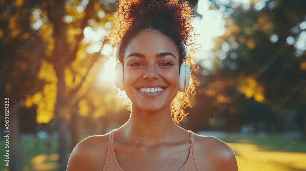 A woman with a big smile enjoys the golden hour while listening to music in a park surrounded by greenery and warm sunlight. A woman with a big smile enjoys the golden hour while listening to music in a park surrounded by greenery and warm sunlight.