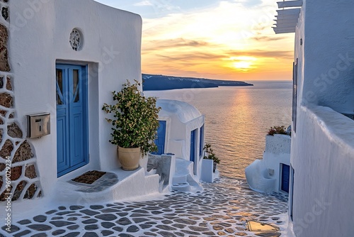 Fototapeta Naklejka Na Ścianę i Meble -  Narrow street with whitewashed houses and blue doors and trim is leading to the aegean sea with a beautiful sunset in the background