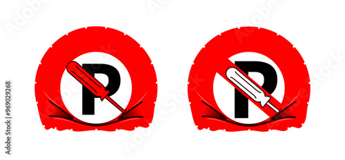 A car wheel pierced with an awl, stylized as a no parking sign.