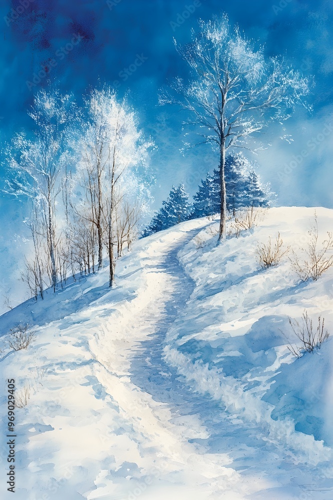 Obraz premium Snowy Hillside with Sledding Path and Bright Blue Sky in Watercolor Impressionism