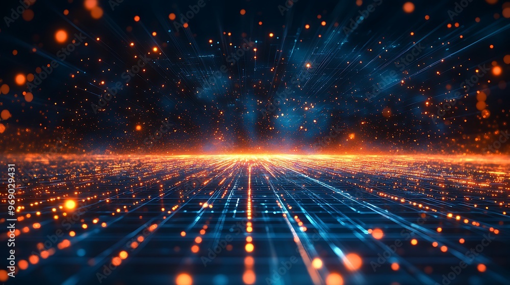 Obraz premium Vibrant digital landscape with glowing particles and lines representing advanced technology and futuristic concepts.