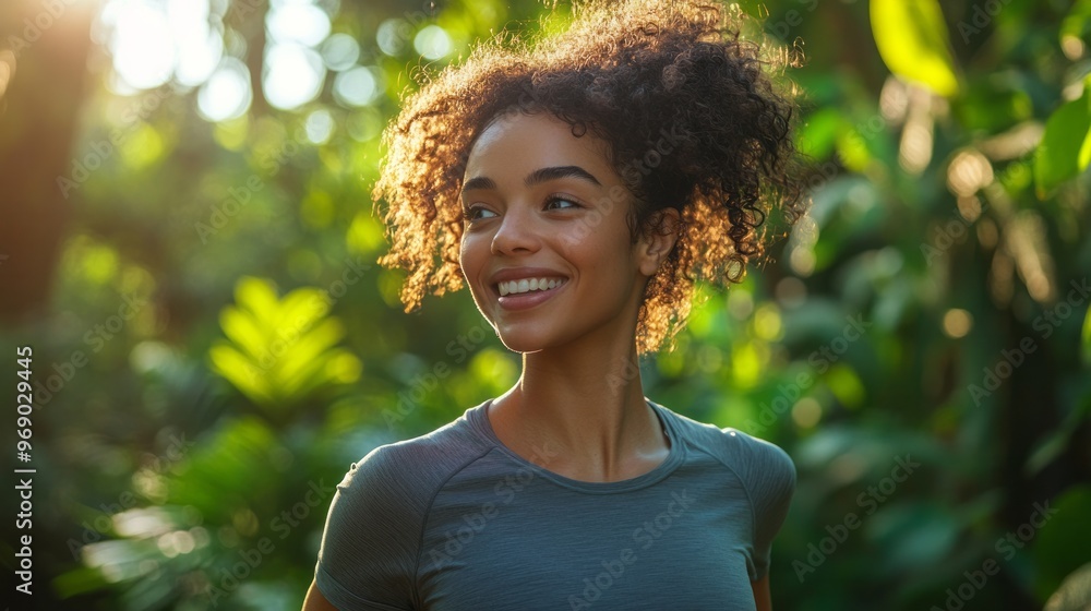 A woman with natural curly hair jogs through a lush green forest during the early morning light, enjoying her workout in a peaceful outdoor environment A woman with natural curly hair jogs through a lush green forest during the early morning light, enjoying her workout in a peaceful outdoor environment