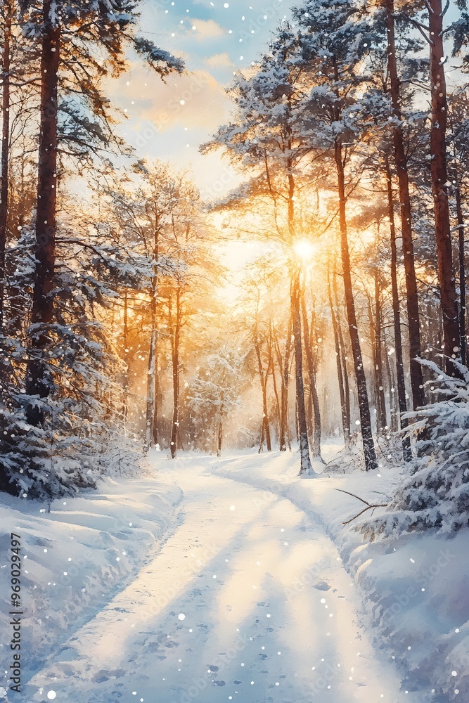 Snowy Woodland Clearing with Sunlight Streaming Through the Trees Snowy Woodland Clearing with Sunlight Streaming Through the Trees