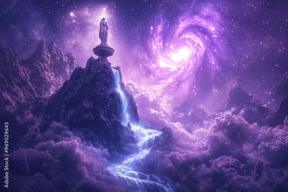 Ethereal landscape with spiraling galaxy and silhouetted figure atop a floating mountain Ethereal landscape with spiraling galaxy and silhouetted figure atop a floating mountain