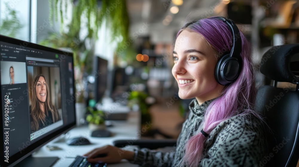 A woman with violet hair wearing a headset smiles while participating in an online meeting in a modern workspace filled with plants during daylight hours A woman with violet hair wearing a headset smiles while participating in an online meeting in a modern workspace filled with plants during daylight hours
