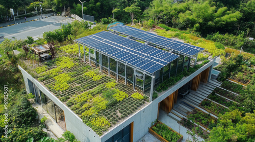 Sustainability initiative at a corporation, with solar panels on the roof and employees recycling and composting in common areas