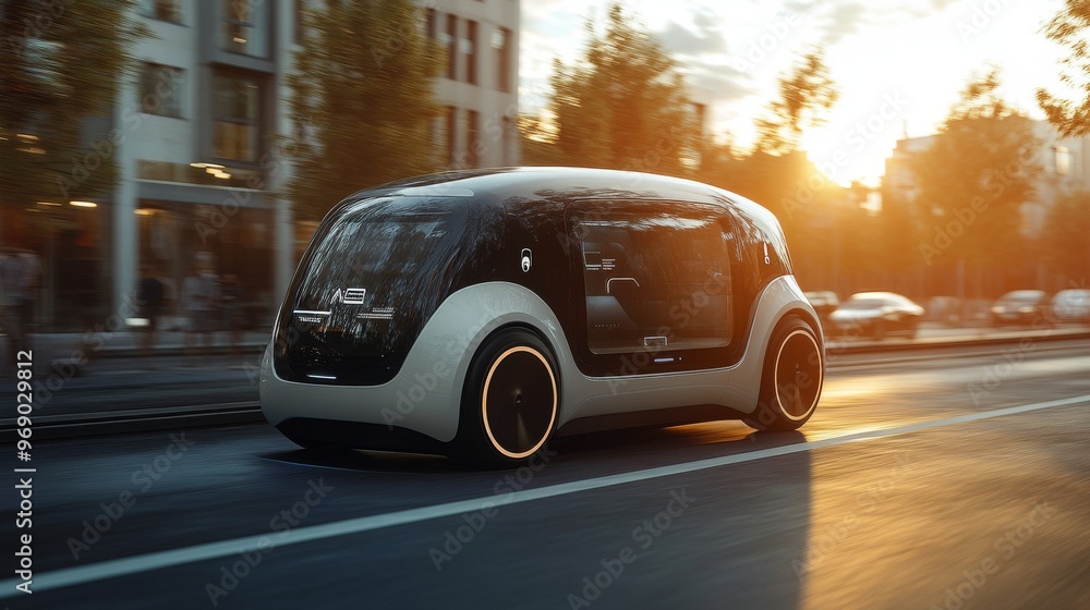 Fototapeta premium Futuristic AI-powered ride-sharing platforms with autonomous electric vehicles: Ride-hailing apps offering self-driving electric cars for efficient urban transport.