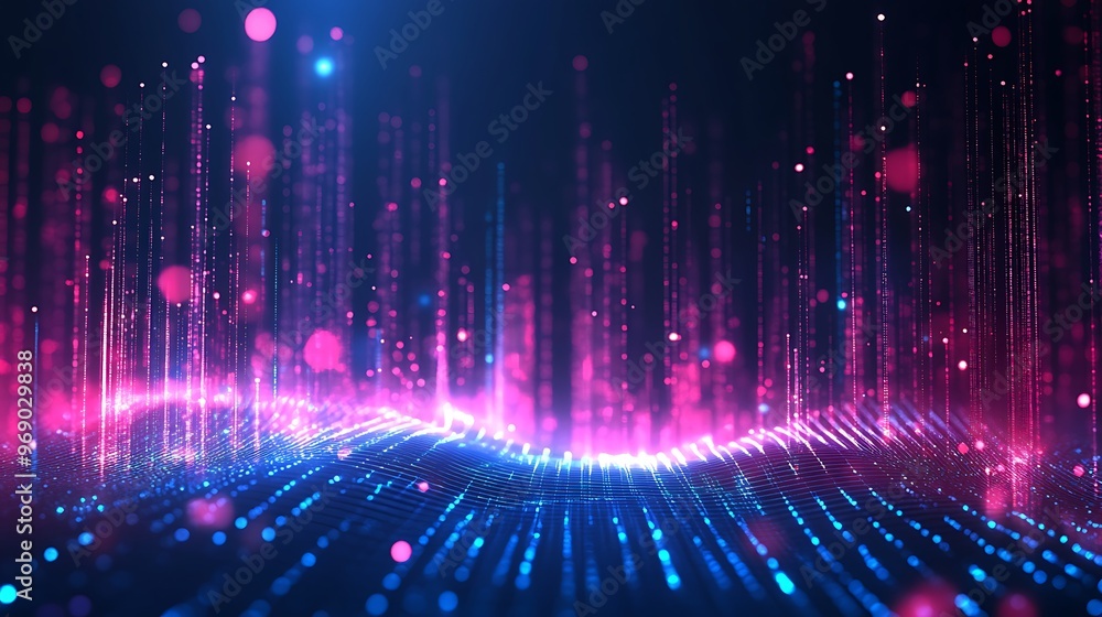 Vibrant digital wave with colorful lights, representing dynamic sound or music visualization in a modern, abstract style. Vibrant digital wave with colorful lights, representing dynamic sound or music visualization in a modern, abstract style.
