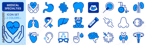 Icons in two colors about medical specialties. Health care