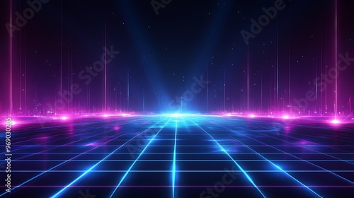 Vibrant neon grid landscape with glowing lights, perfect for futuristic and cyber themes, evoking a sense of depth and movement.