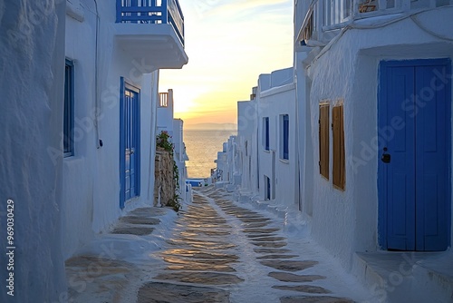 Fototapeta Naklejka Na Ścianę i Meble -  The warm glow of the setting sun illuminates the whitewashed buildings and cobblestone street of a traditional greek village, creating a serene and inviting atmosphere