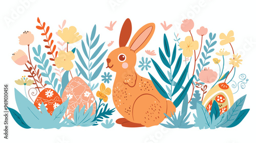 Easter Card Template with Colorful Eggs and Flowers on White Background