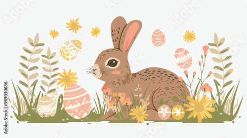 Easter Bunny Card Vector Illustration Isolated on White Background