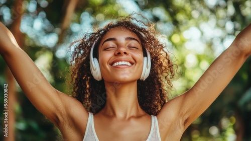 A young woman joyfully listening to music outdoors, arms raised in celebration, in a vibrant green setting during a sunny day