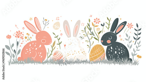 Easter Greeting Card with Bunnies Flat Vector Isolate