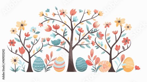 Easter Tree with Eggs and Flowers Flat Vector Illustration