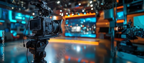 Professional video camera setup in a modern TV studio with bright stage lights and equipment for broadcasting and production.
