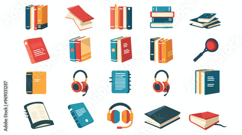 Professional E-book, Audiobook, and Literature Icons in Flat Vector Design