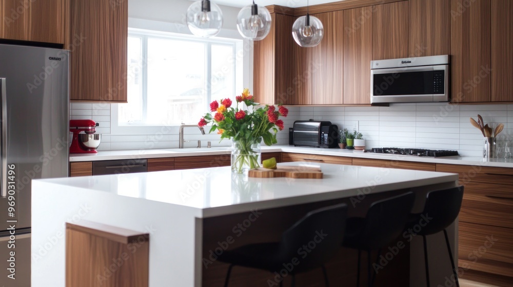 Modern Kitchen with White Island, Wooden Cabinets, and Flowers Modern Kitchen with White Island, Wooden Cabinets, and Flowers