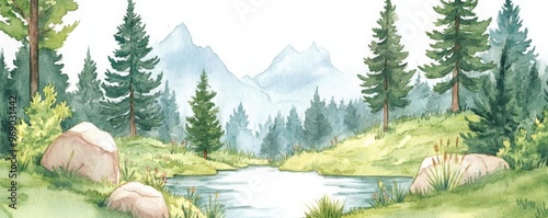 A serene mountain landscape featuring a calm river, lush greenery, and gentle slopes, perfect for nature-themed projects. photo