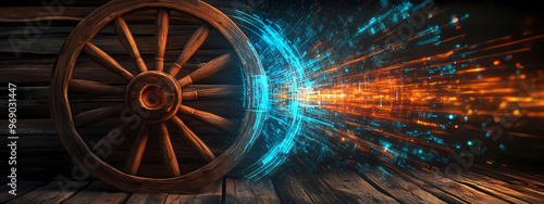 Wooden Wagon Wheel Transformed into Digital Wheel photo