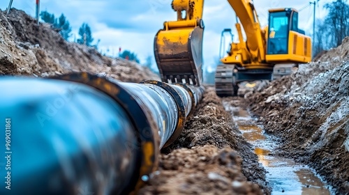 A large piece of machinery is digging into the ground next to a long pipe. Concept of hard work and progress, as the construction workers are using the excavator to dig a trench for the pipe